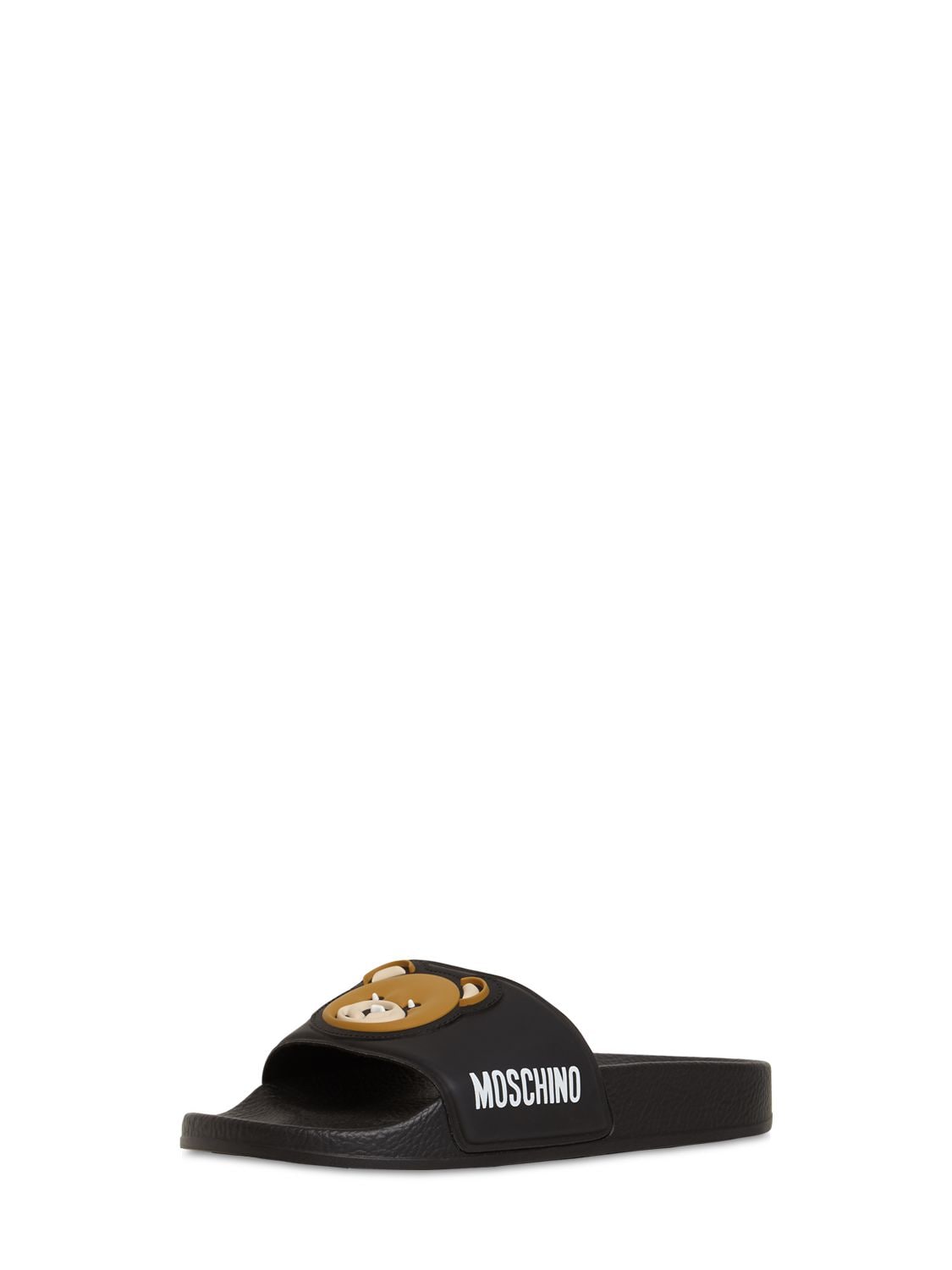 Moschino Kids' Logo Rubber Slide Sandals W/teddy Patch In Black