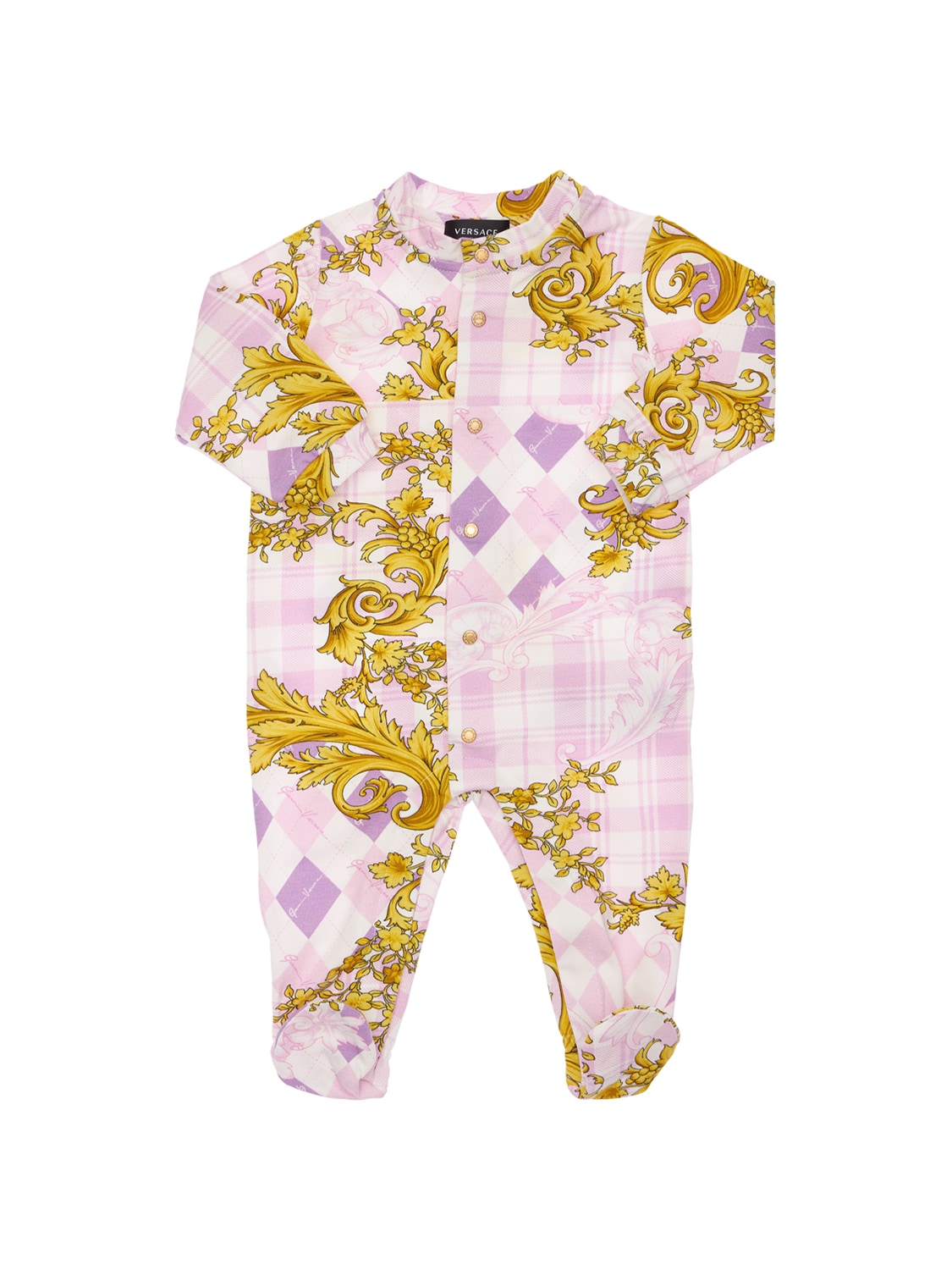 Versace Babies' All Over Baroque Print Jersey Romper In 핑크,골드