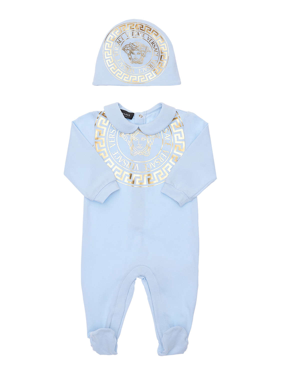 Versace Babies' Medusa Print Jersey Romper & Hat In Light Blue,gold