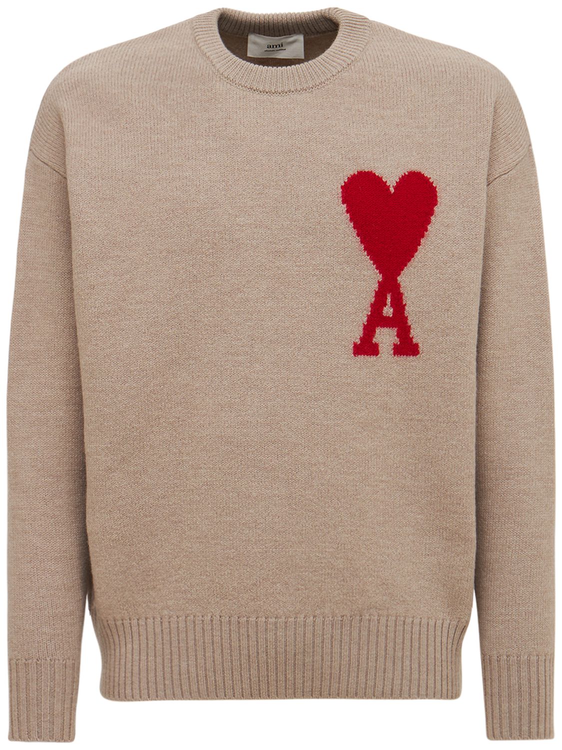 Ami Alexandre Mattiussi Logo Intarsia Over Wool Knit Sweater In Champagner