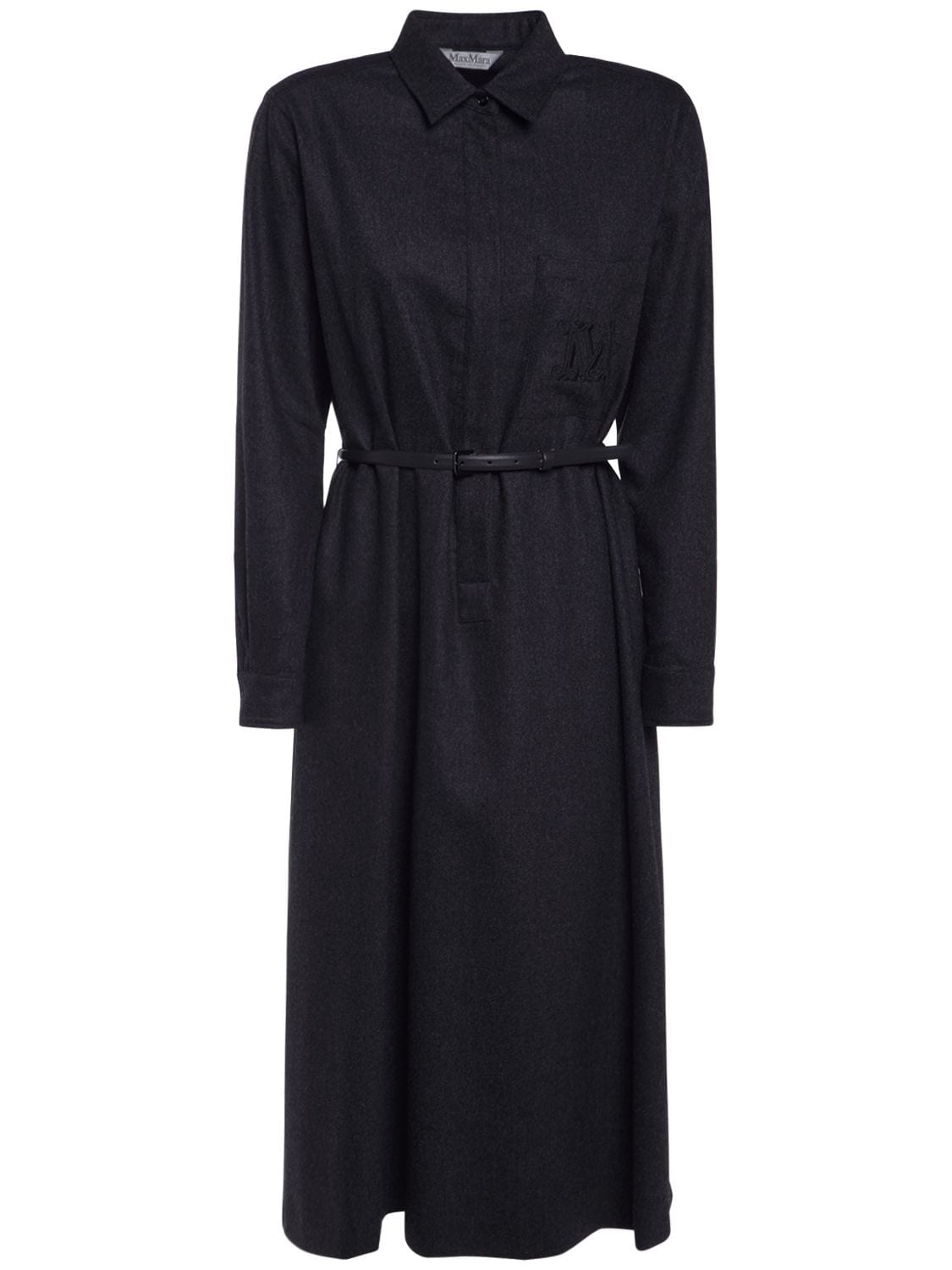 Max Mara Logo Pleated Wool Flannel Midi Dress In Dark Grey | ModeSens