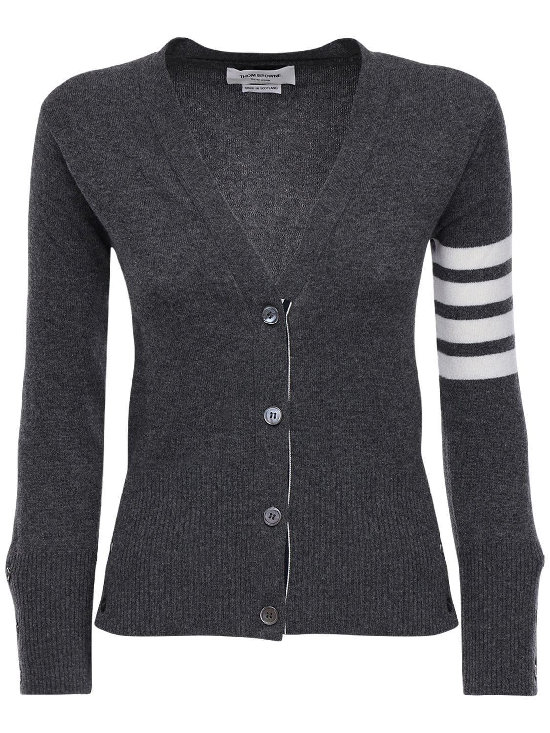 Shop Thom Browne Intarsia Stripes Cashmere Knit Cardigan In Dark Grey