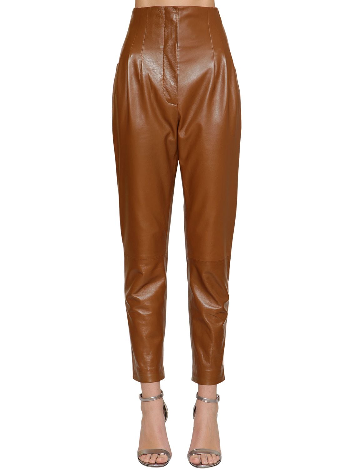Alberta Ferretti High Waist Leather Pants In Brown