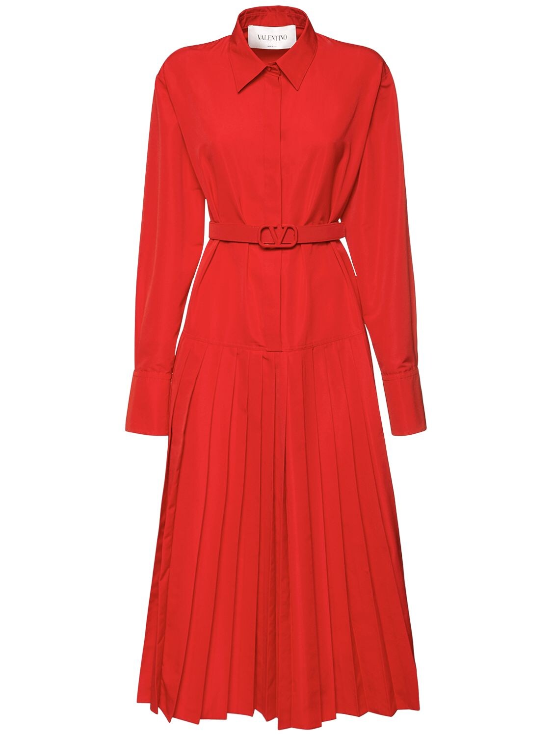Valentino Belted Pleated Cotton-blend Faille Midi Shirt Dress In Red