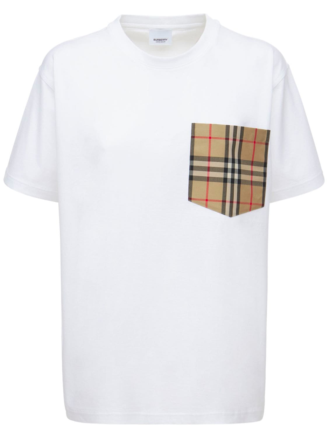 Shop Burberry Carri Cotton T-shirt W/ Check Pocket In White,multi