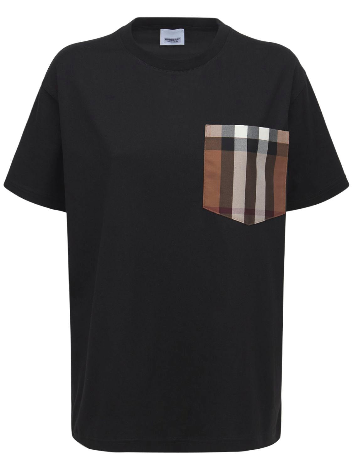 Shop Burberry Carri Cotton T-shirt W/ Check Pocket In Black,multi