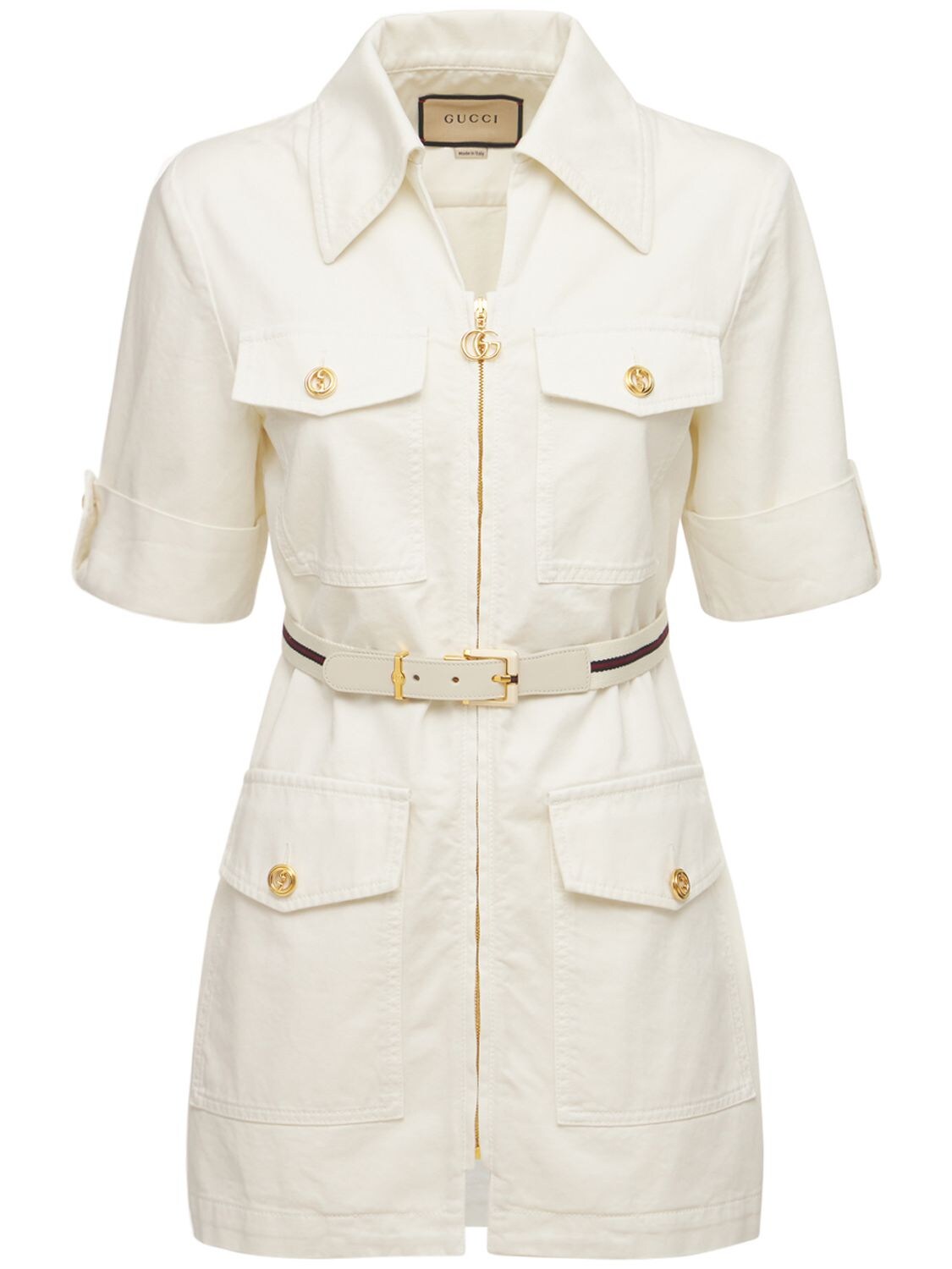 Gucci Cotton Canvas Jacket  W/leather Details In Ivory,multi
