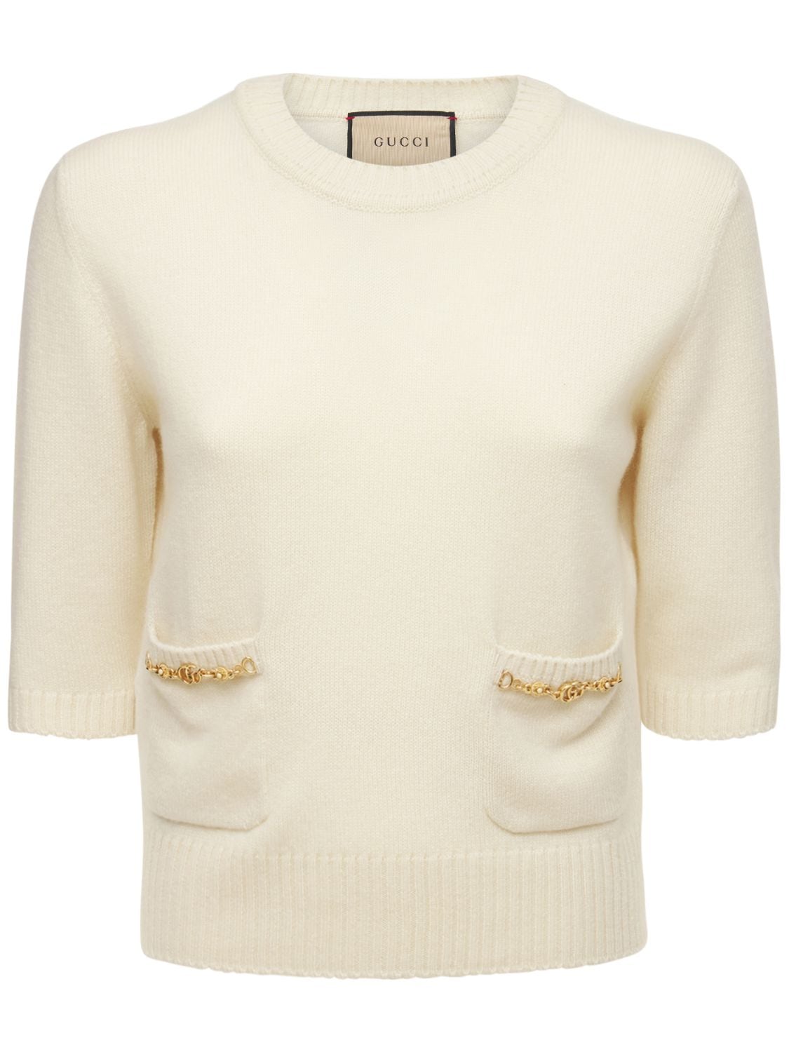 Shop Gucci Cashmere Knit Top W/ Horsebit In Ivory