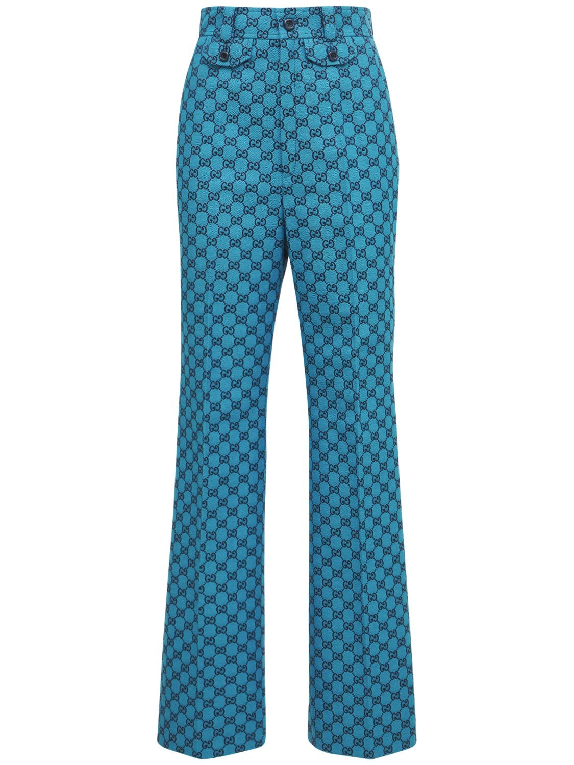Gucci Gg Multicolor Cotton Blend Canvas Pants In Light Blue