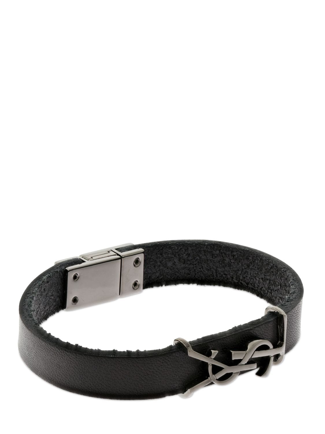 Shop Saint Laurent Ysl Opyum Leather Bracelet In Black