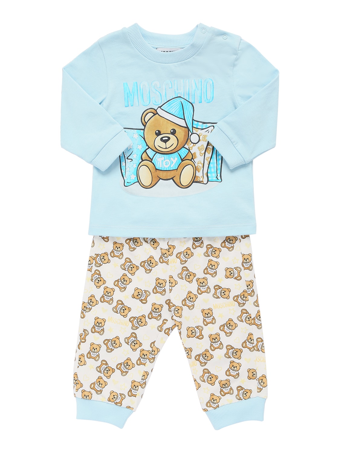 Moschino Kids' Printed Cotton L/s T-shirt & Sweatpants In Light Blue,white