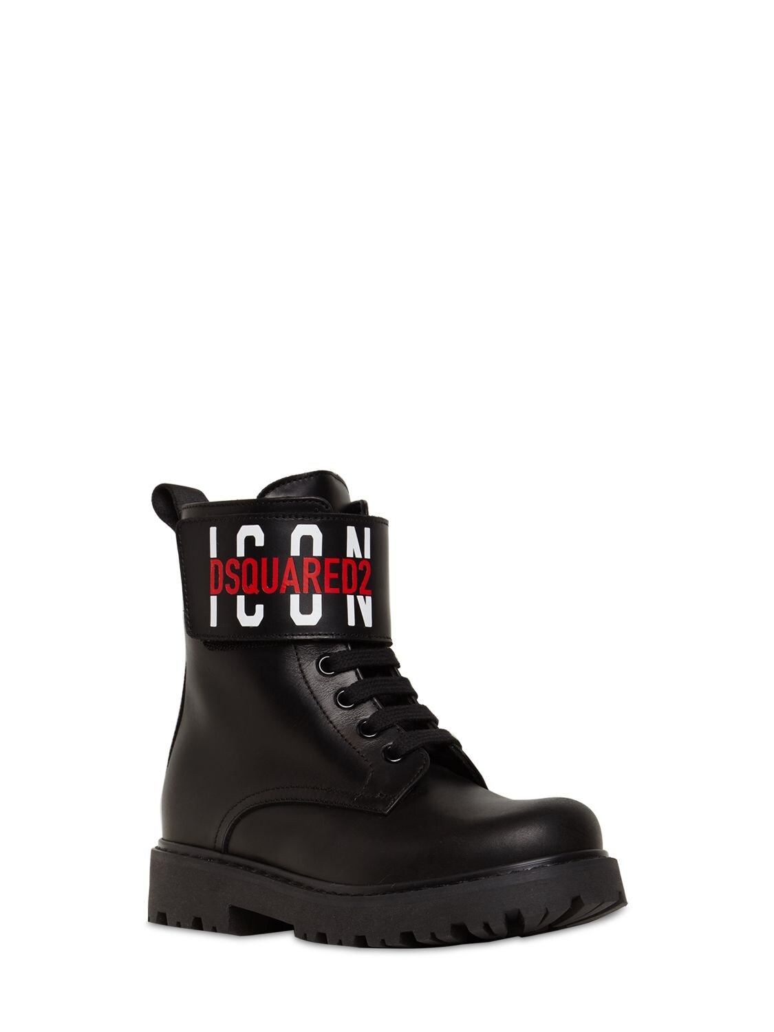 Icon Print Leather Combat Boots