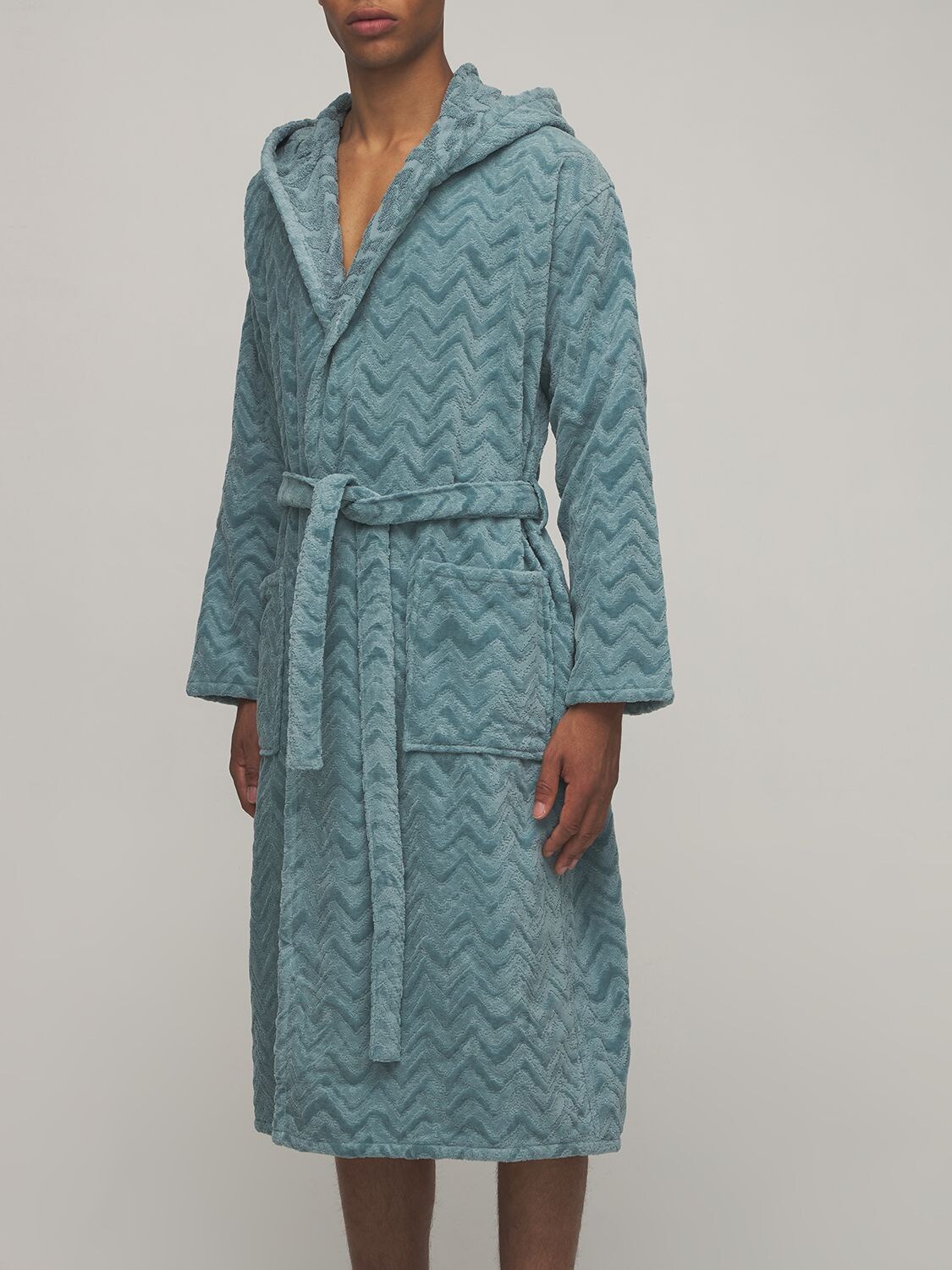 Shop Missoni Home Collection Rex Hooded Cotton Bathrobe In Blue