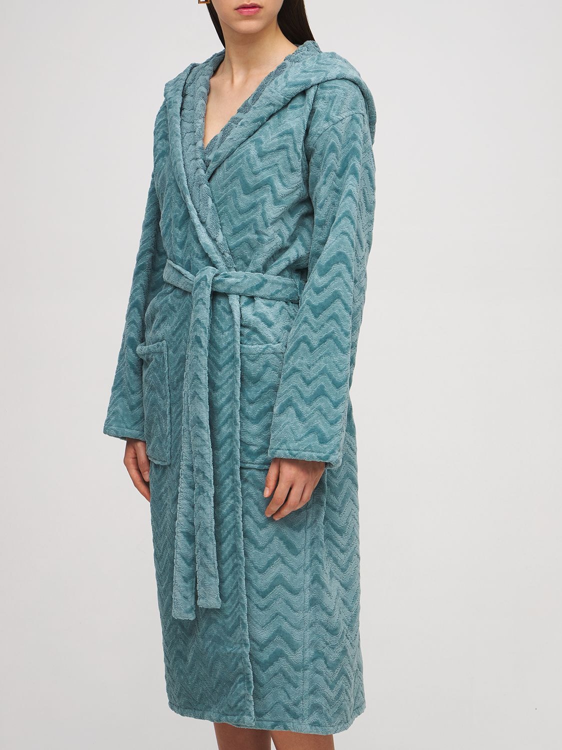 Shop Missoni Home Collection Rex Hooded Cotton Bathrobe In Blue