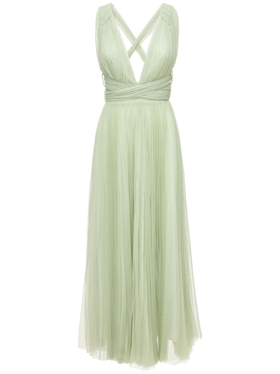 Maria Lucia Hohan Pleated Tulle Midi Dress W/ Low Back In Sage