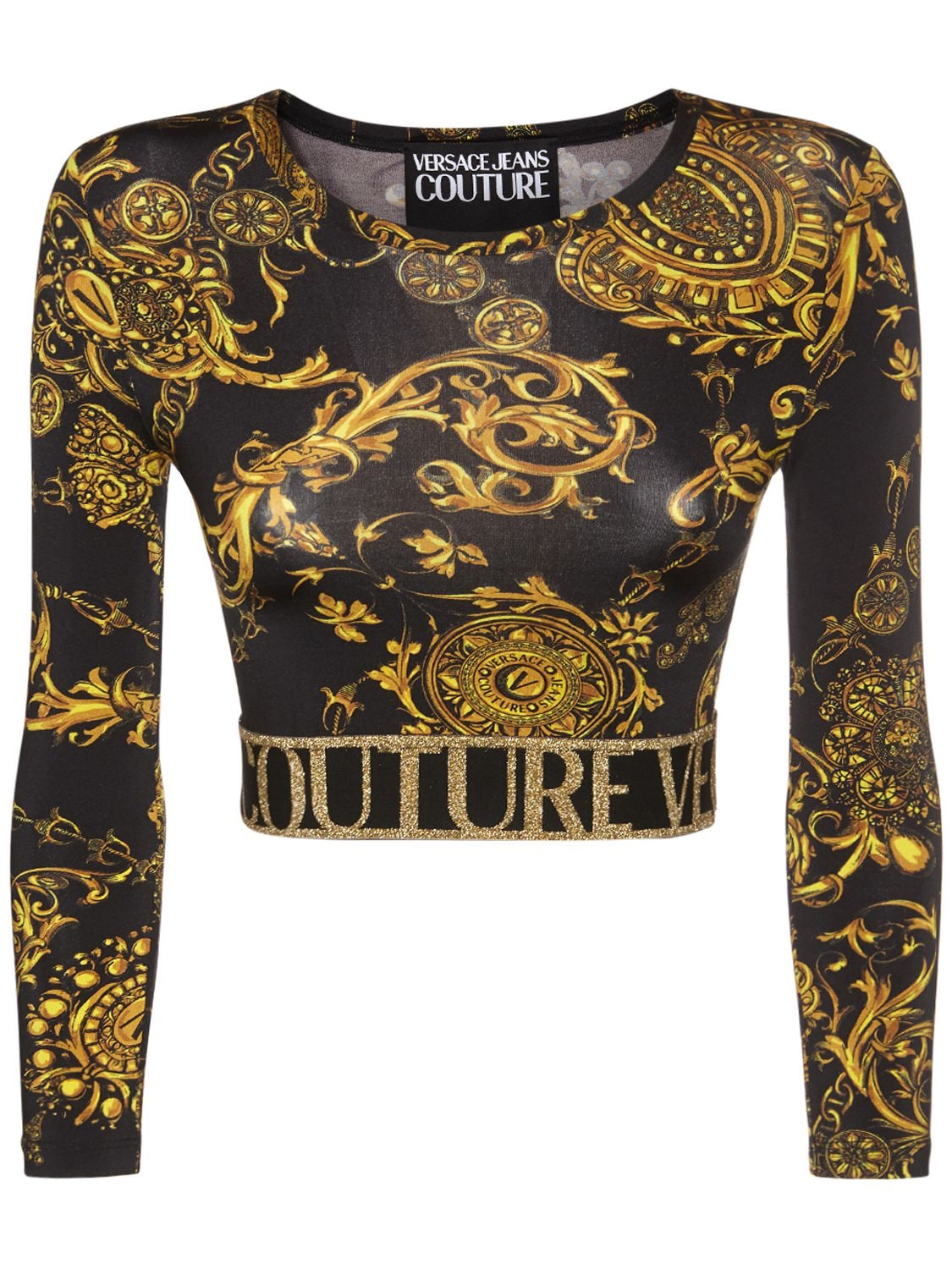 Versace Jeans Couture - Baroque print jersey cropped top - Black/Gold ...