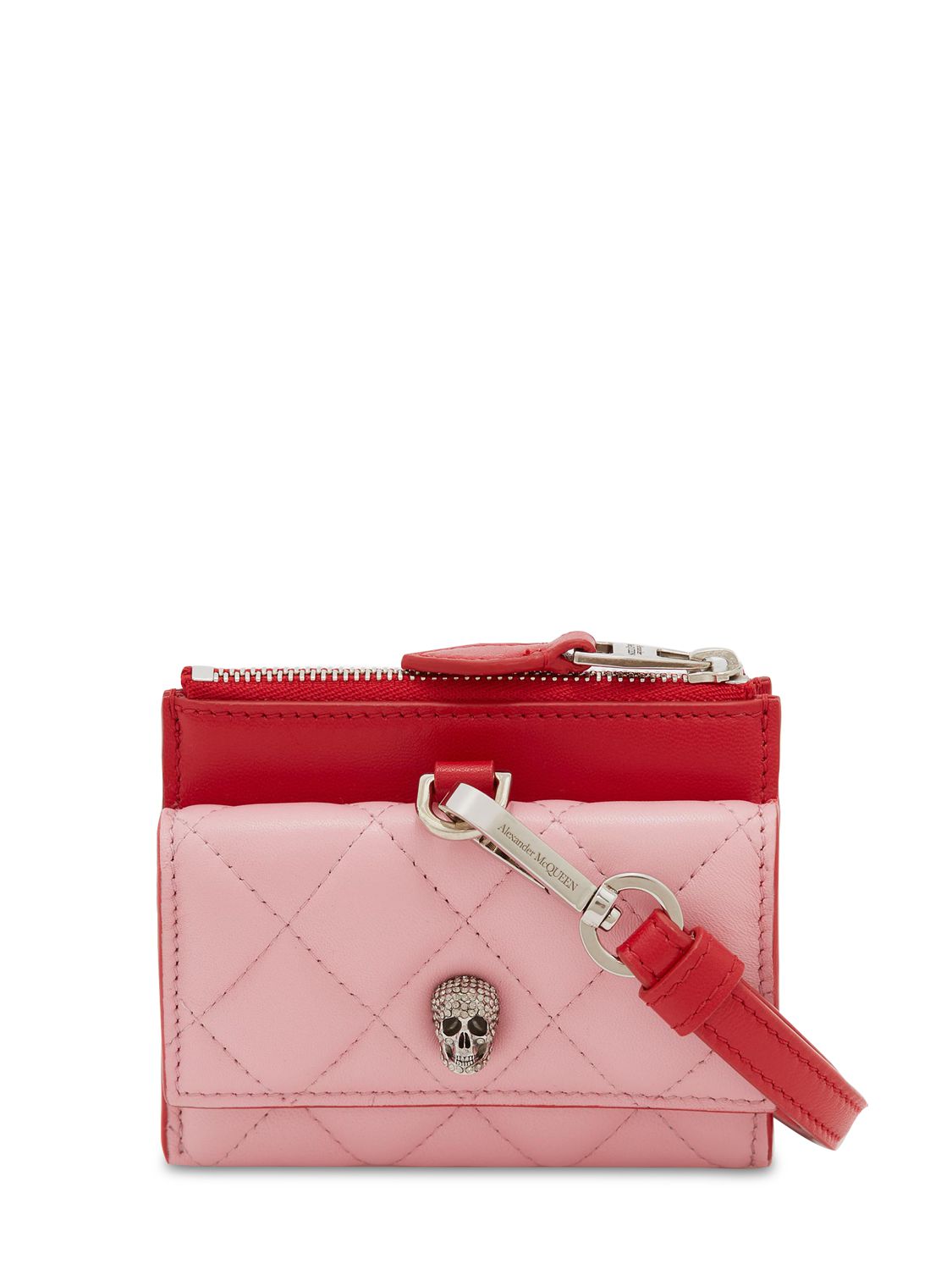 Alexander Mcqueen Quilted Pave Skull Card Holder W strap In Pastel Pink 