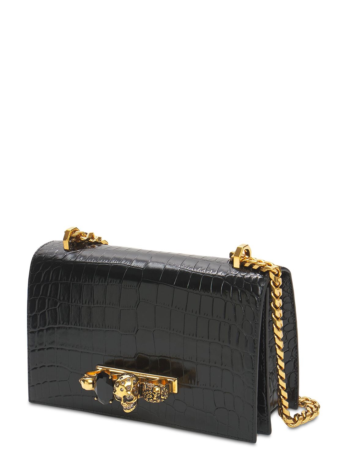 Shop Alexander Mcqueen Embossed Leather Jeweled Shoulder Bag In Black