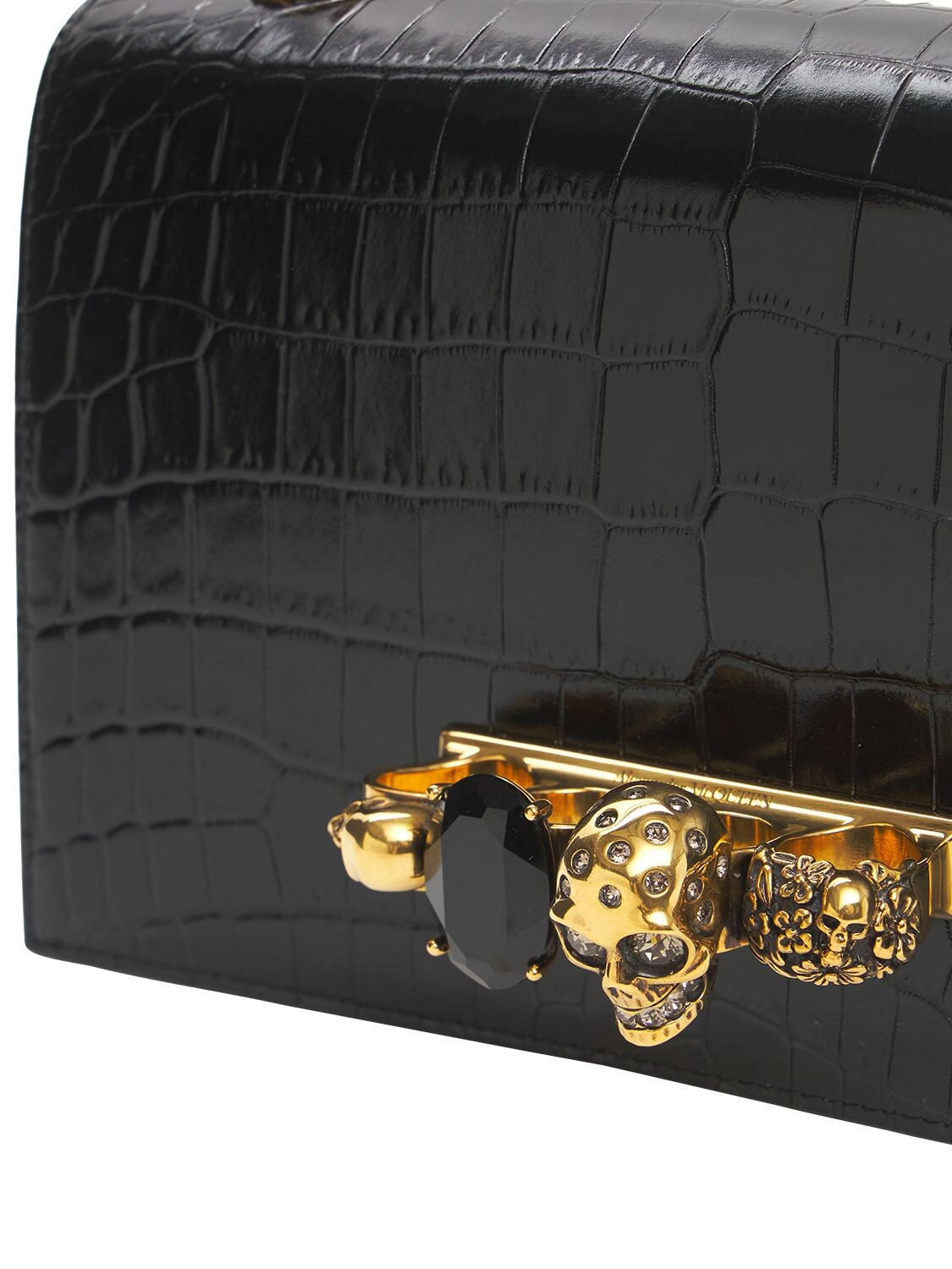 Shop Alexander Mcqueen Embossed Leather Jeweled Shoulder Bag In Black