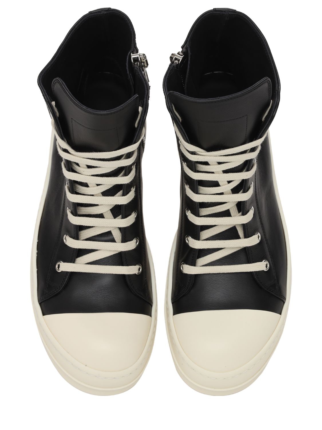 Rick Owens High Top Leather Sneakers In Black,milk,milk