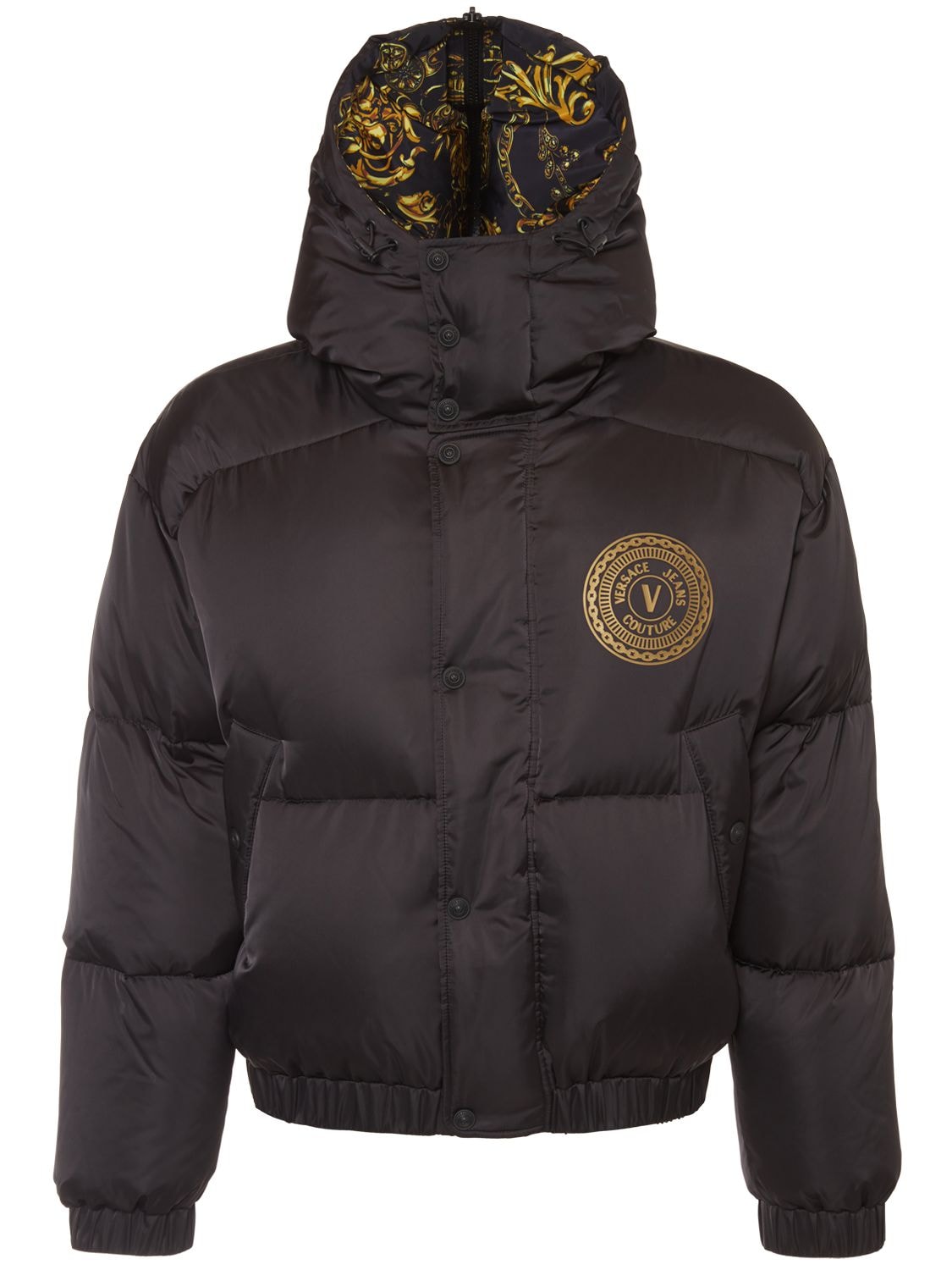 Versace Jeans Couture Hooded Nylon Down Jacket In Schwarz