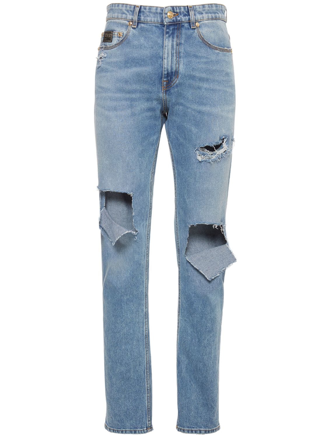 VERSACE JEANS COUTURE DESTROYED COTTON DENIM SLIM JEANS,74IBQN024-OTA00