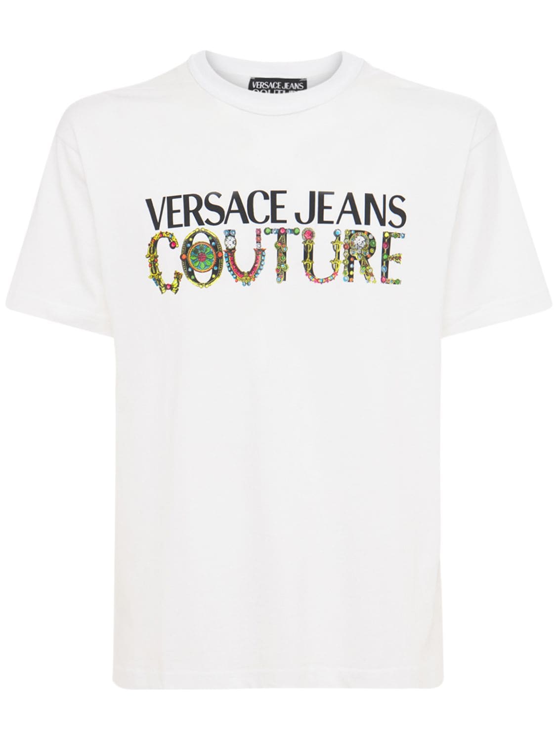 VERSACE JEANS COUTURE LOGO PRINT COTTON JERSEY T-SHIRT,74IBQN026-MDAZ0