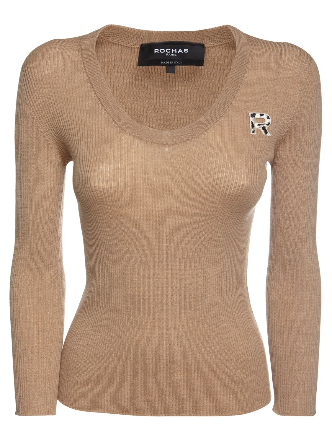 Rochas Logo Wool Rib Knit Round Neck Sweater In Camel,multi