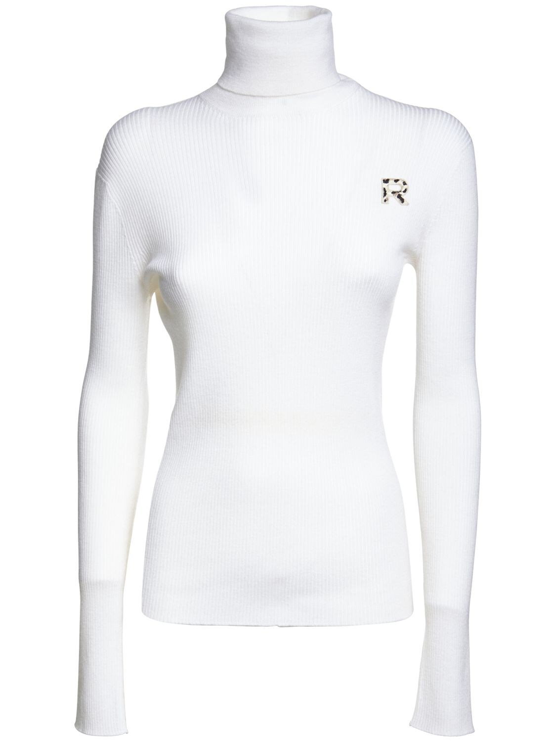 Rochas Logo Wool Rib Knit Turtleneck Sweater In White,multi