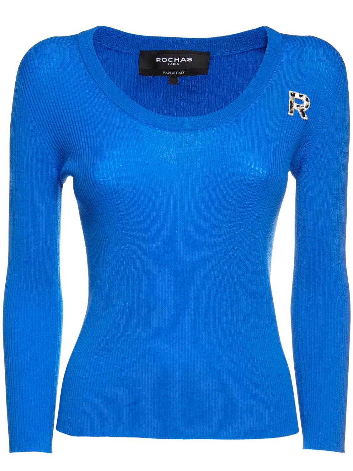 Rochas Wool Knit Rib Logo Round Neck Sweater In Blue,multi