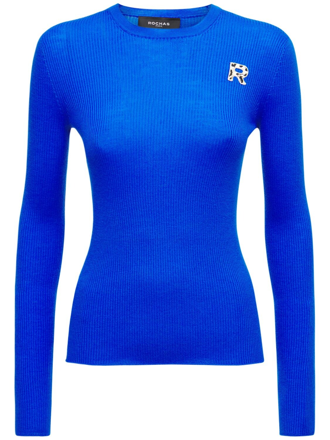 Rochas Logo Wool Rib Cknit Rewneck Sweater In Blue,multi