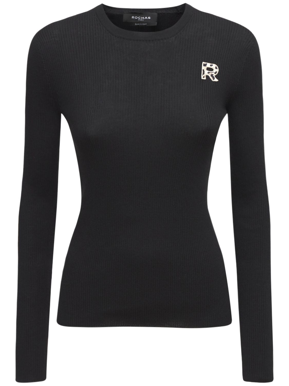 Rochas Logo Wool Rib Knit Crewneck Sweater In Black,multi