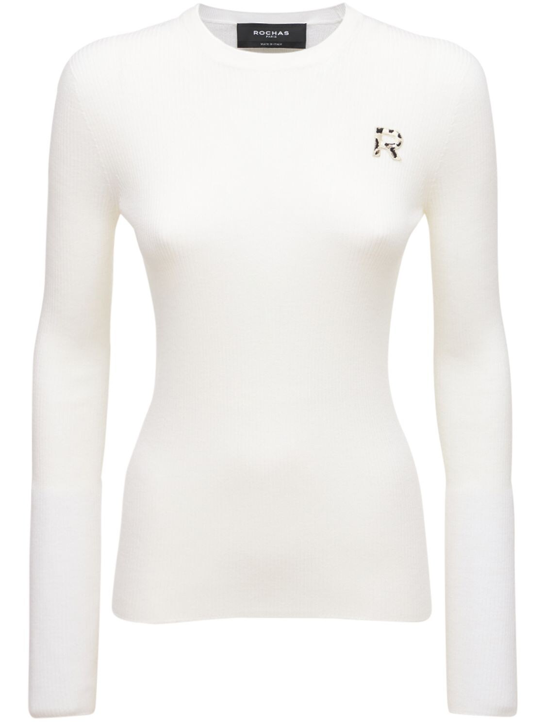Rochas Logo Wool Rib Knit Crewneck Sweater In White,multi