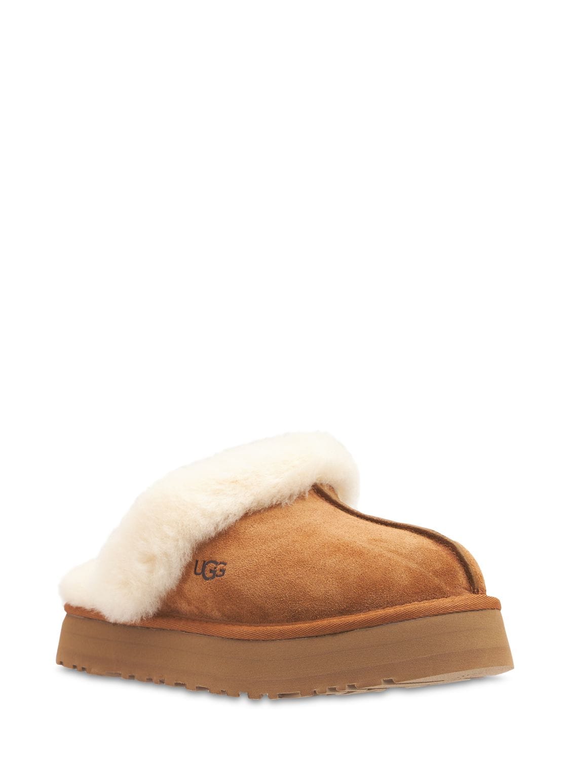 Shop Ugg 25mm Disquette Suede & Shearling Mules In Tan