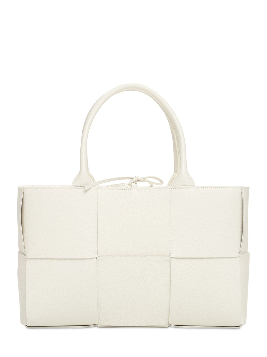 Shop Bottega Veneta Small Arco Leather Tote Bag In White-gold