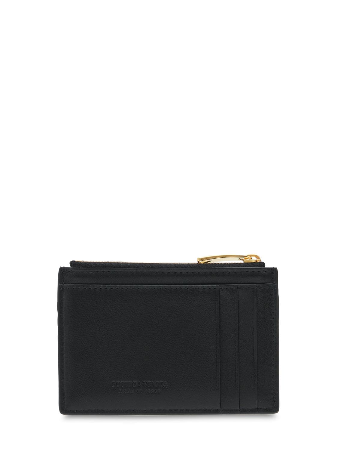 Shop Bottega Veneta Cassette Leather Zippered Card Case In Black-gold