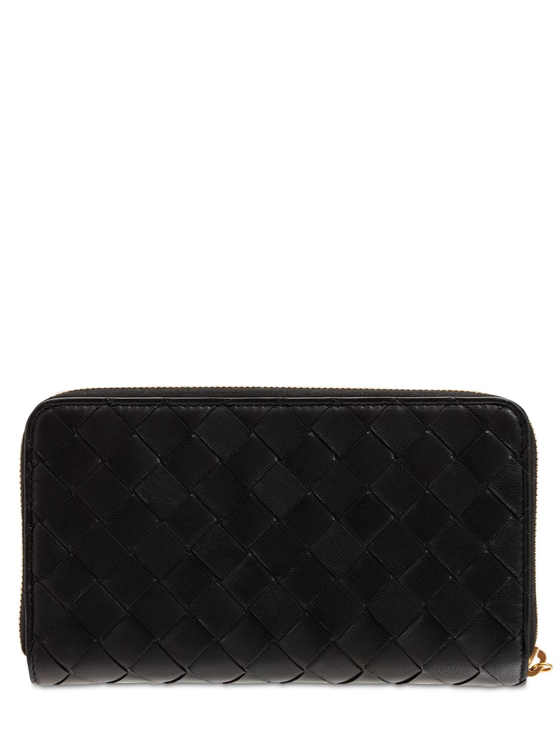 Shop Bottega Veneta Intrecciato Leather Zip Around Wallet In Black-gold