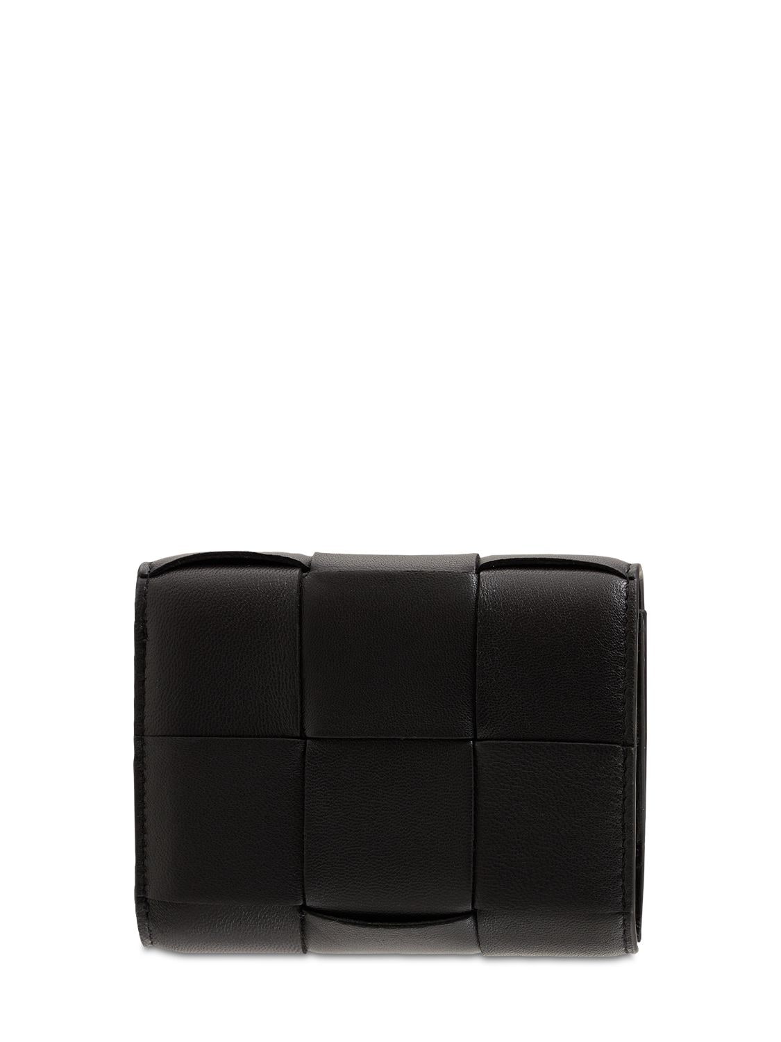 Shop Bottega Veneta Cassette Leather Trifold Zip Wallet In Black-gold