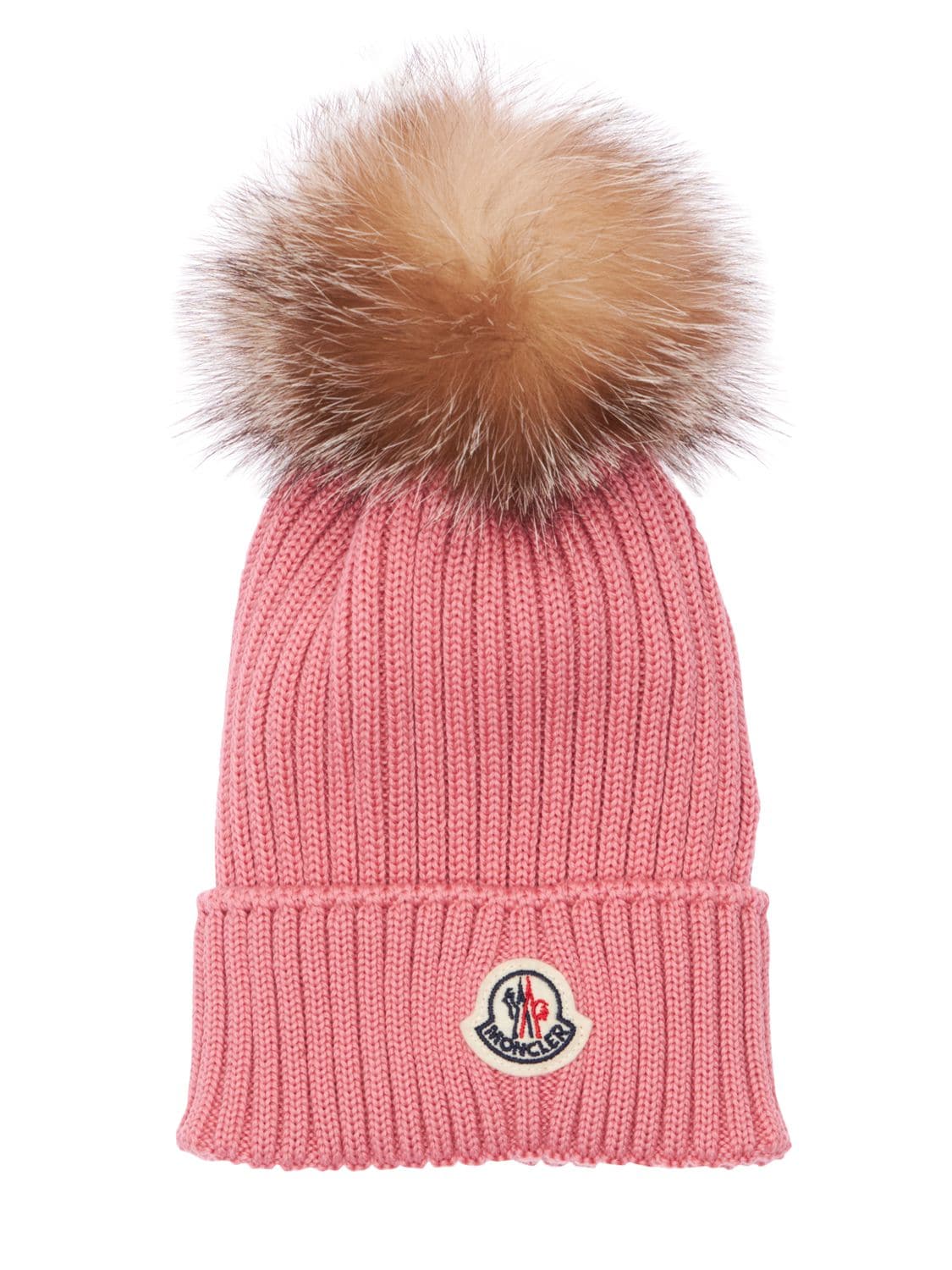 Moncler Babies' Wool Knit Hat W/ Fur Pompom In 다크 핑크