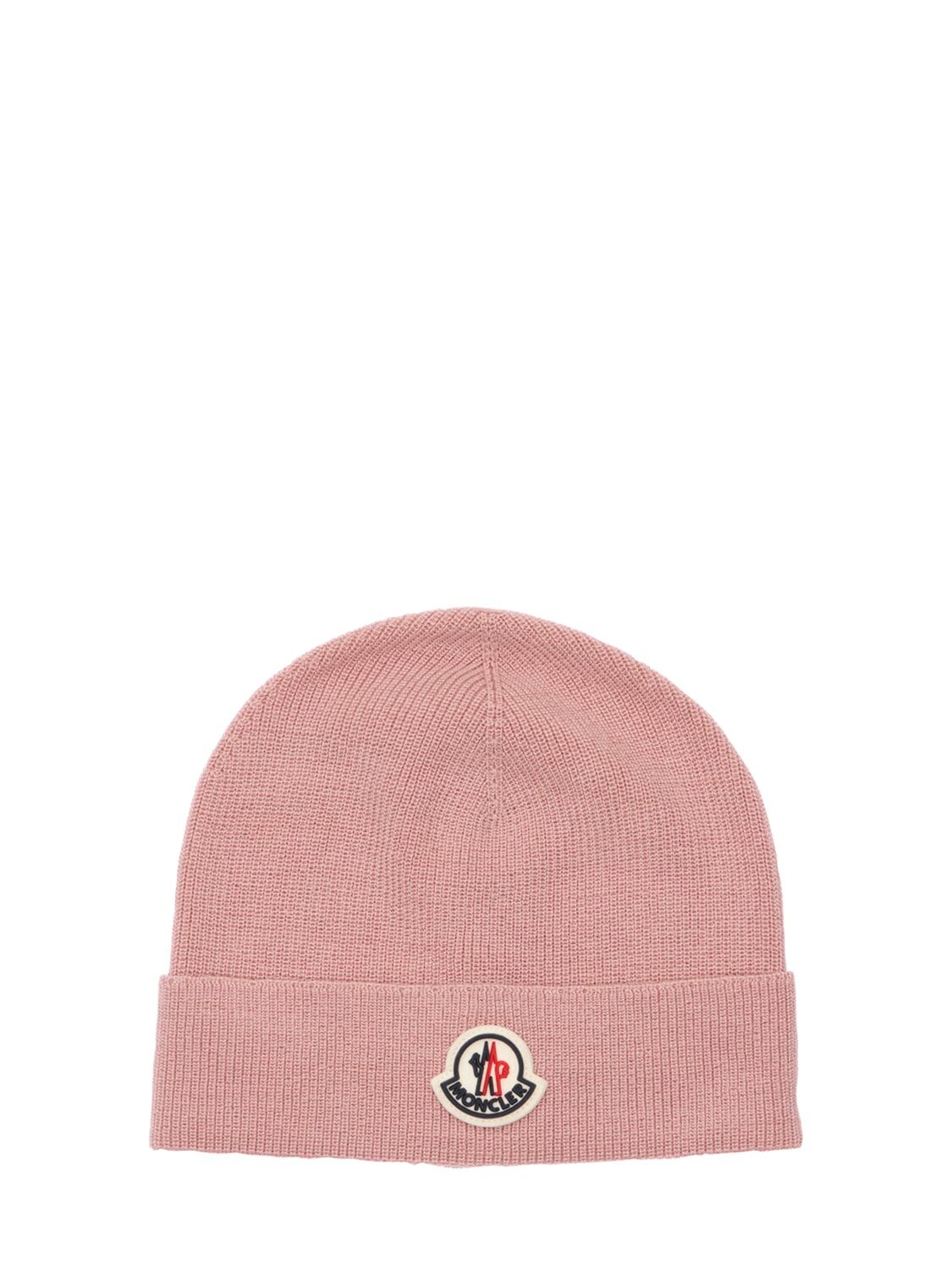 Moncler Babies' Logo Wool Blend Knit Beanie Hat In Pink