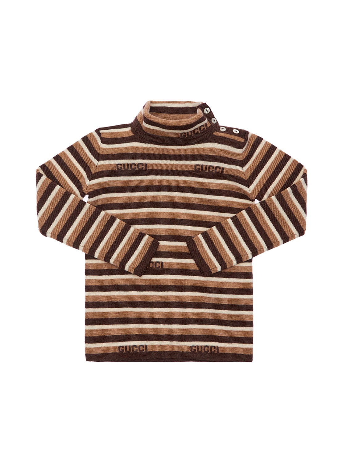 Gucci Kids' 条纹羊毛针织高圆领毛衣 In Brown