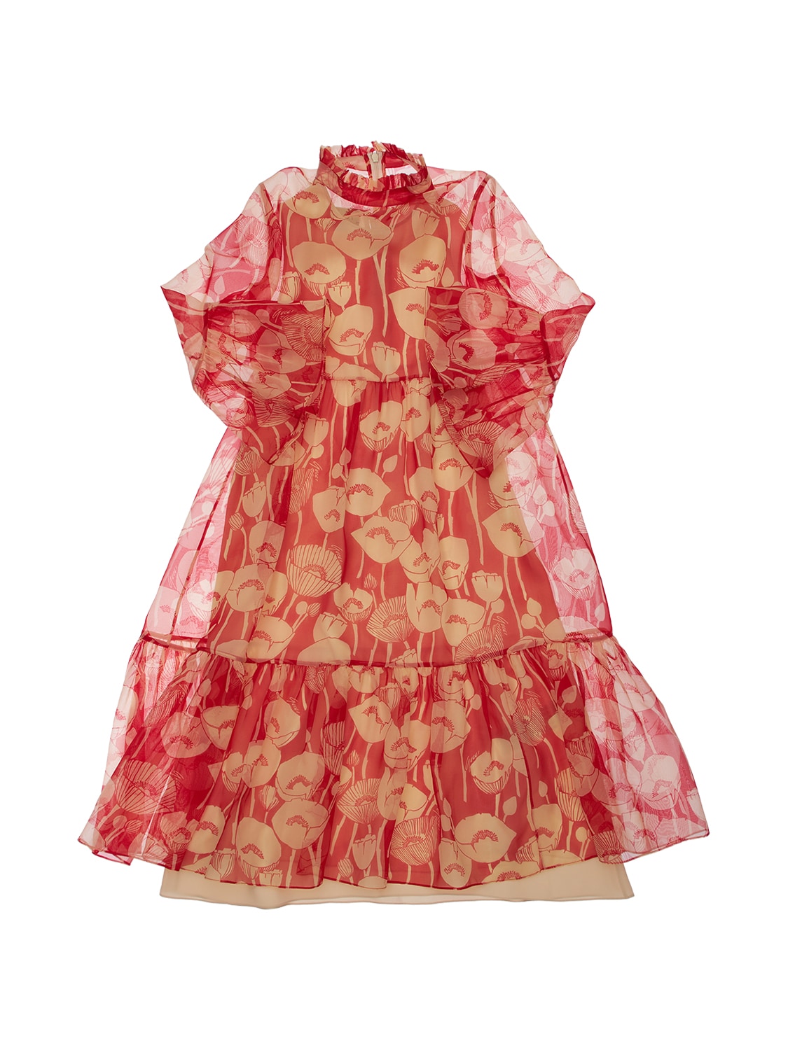 Gucci Kids' Flower Print Silk Dress In Red,ivory