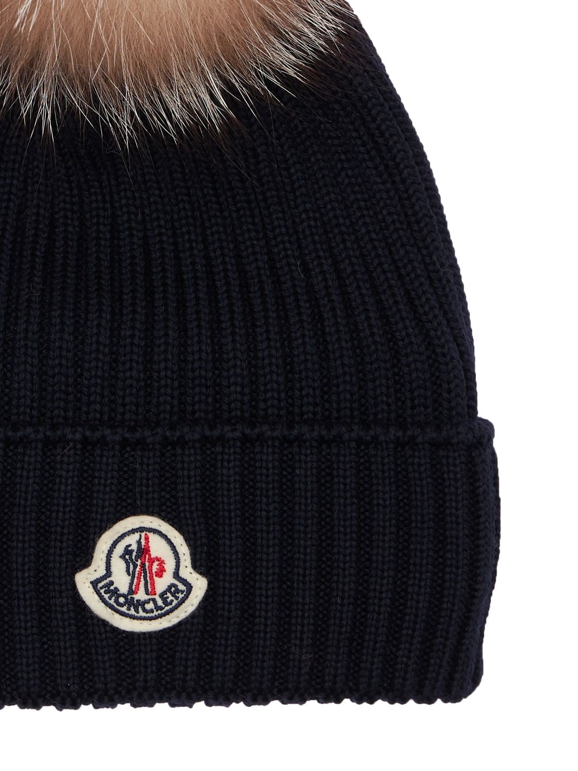 Moncler Babies' Wool Knit Hat W/ Fur Pompom In Navy