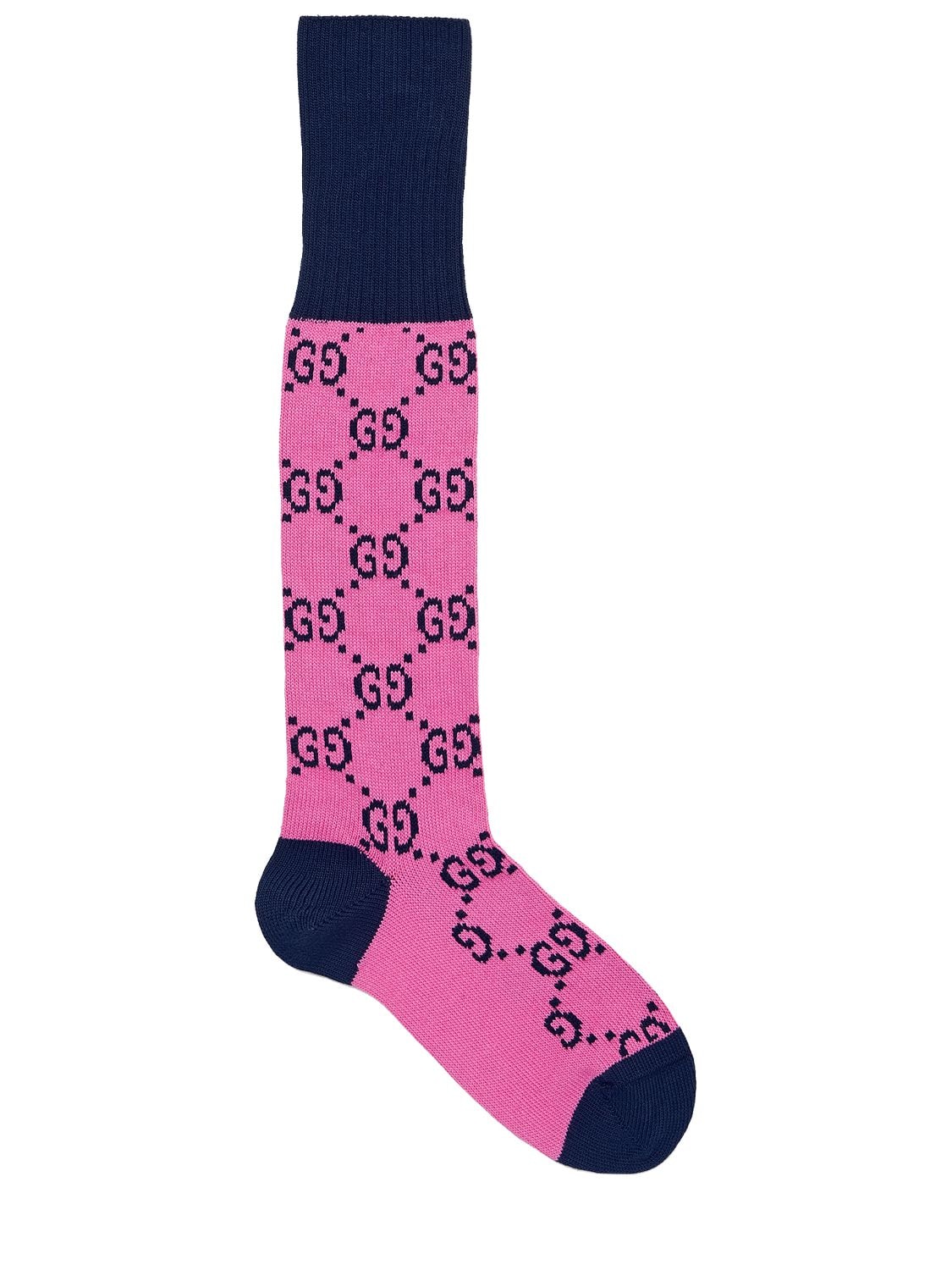 Gucci Gg Multicolor Logo Cotton Blend Socks In Pink And Blue