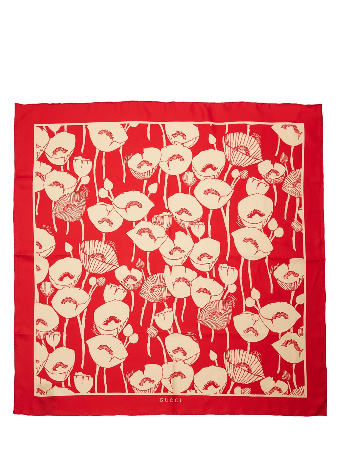 Gucci Poppy Flowers Print Silk Scarf In Flame,ivory