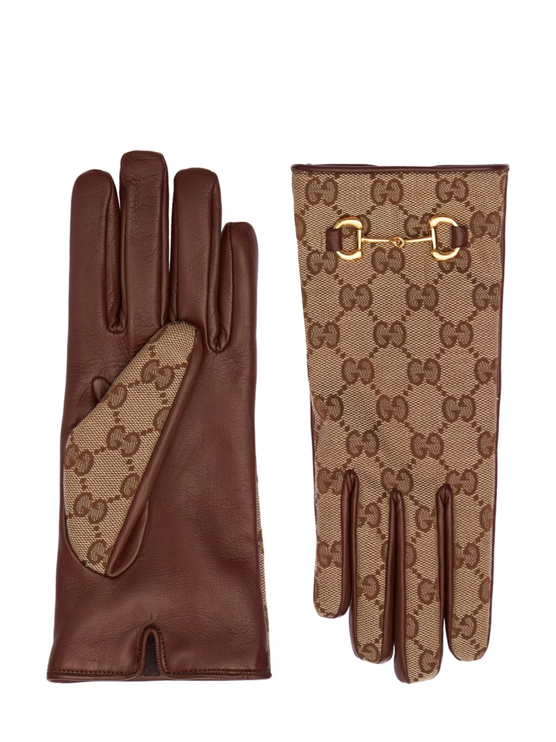 Gucci Gg Canvas & Leather Gloves W/ Horsebit In Beige,dark Beige