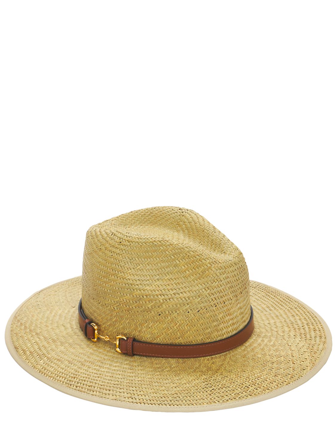 Shop Gucci Straw Brimmed Hat W/ Horsebit Detail In Beige