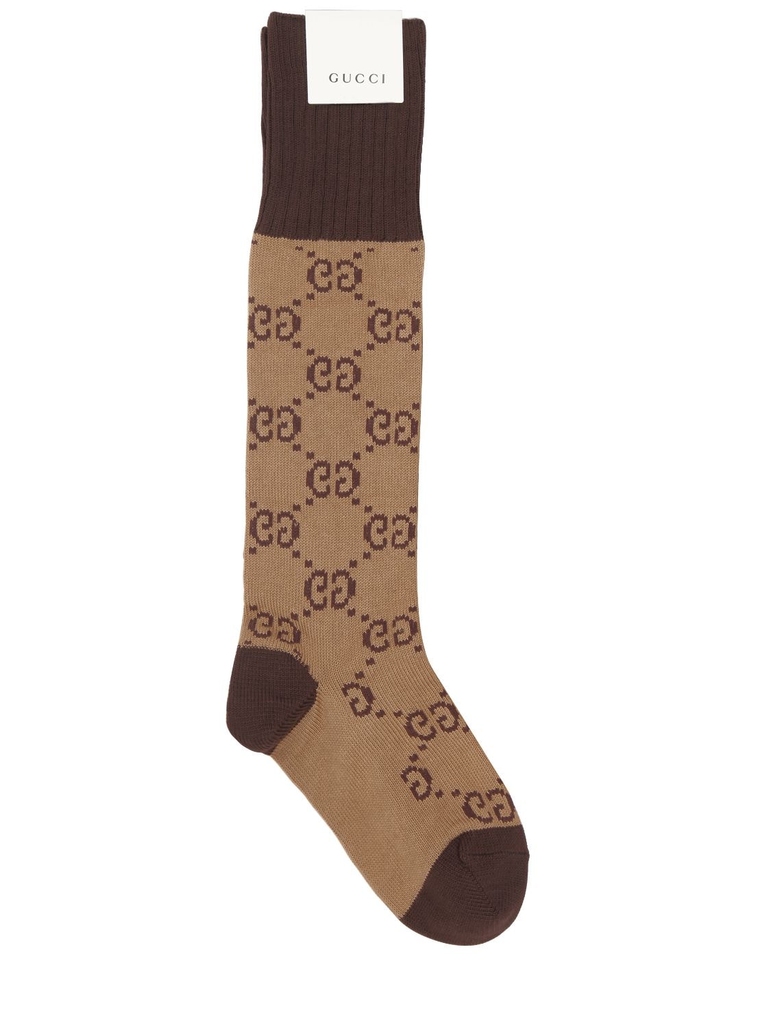 Shop Gucci Gg Cotton Blend Jacquard Socks In Beige,dark