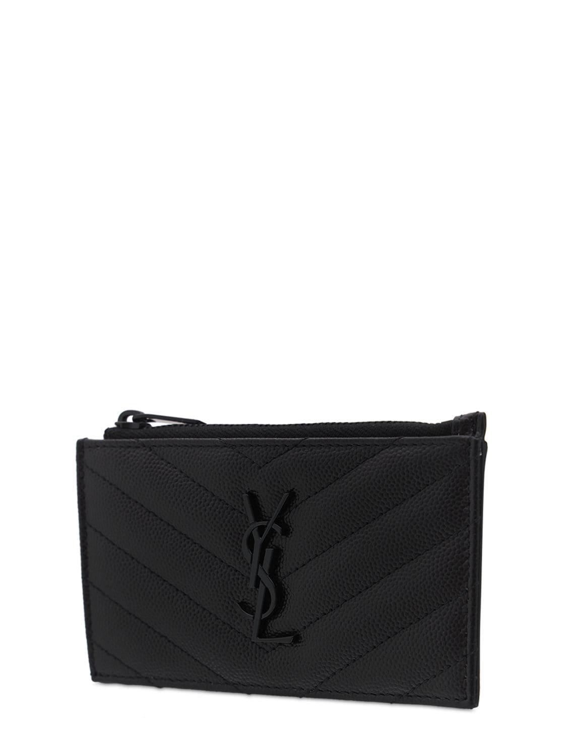 Shop Saint Laurent Monogram Grained Leather Zip Card Holder In Черный