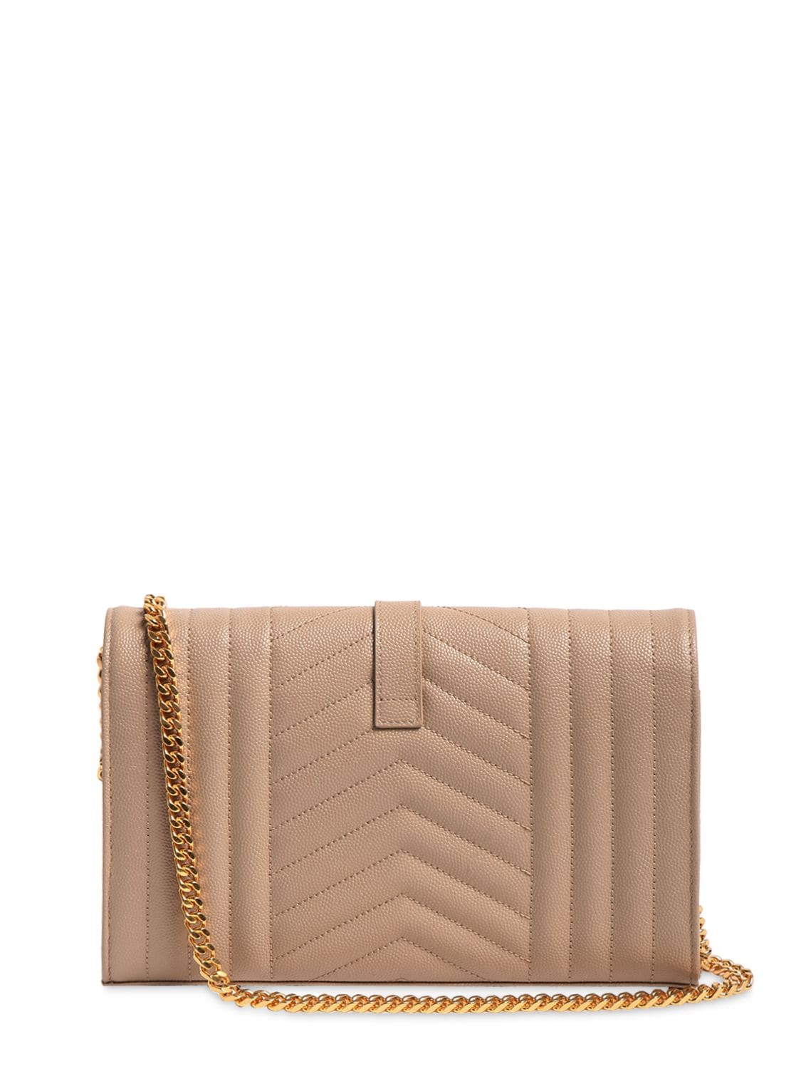 Shop Saint Laurent Monogram Quilted Leather Chain Wallet In Dark Beige